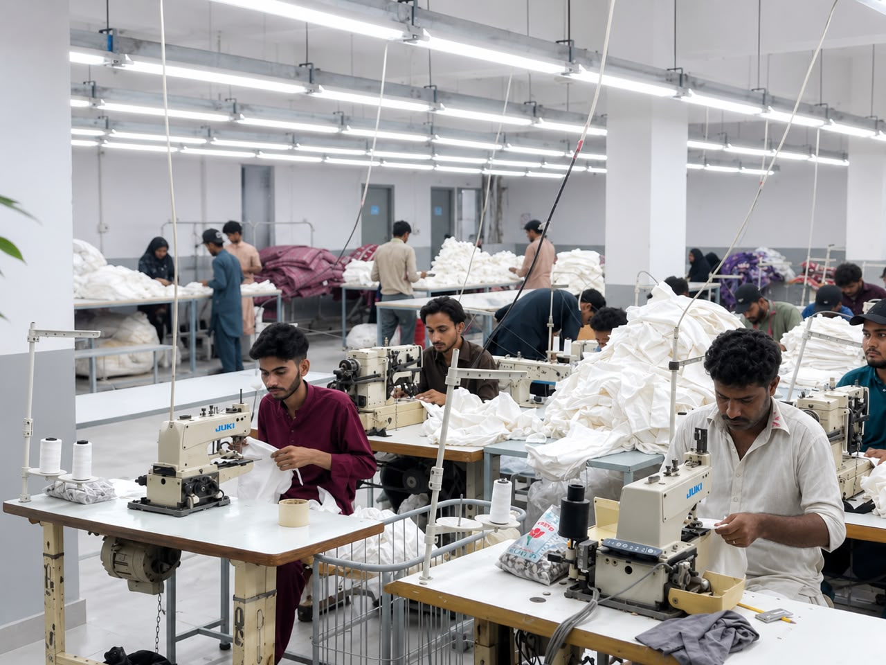 Workers at sewing machines on the stitching floor