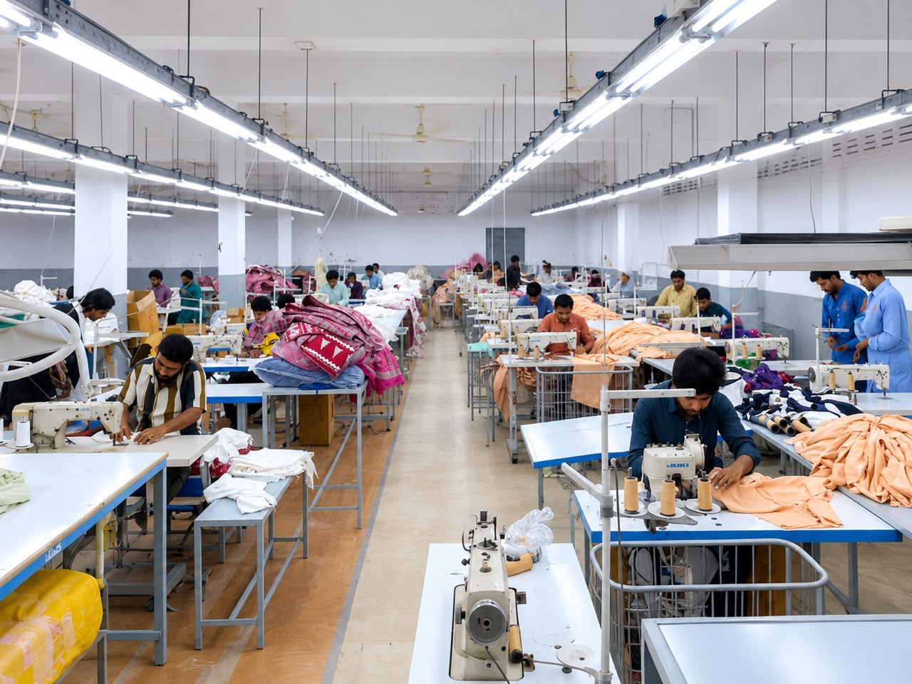 Rows of production stations along the factory line